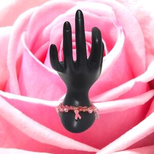 Support Statement Beaded Charm Ribbon Bracelet Pink Cancer Awareness